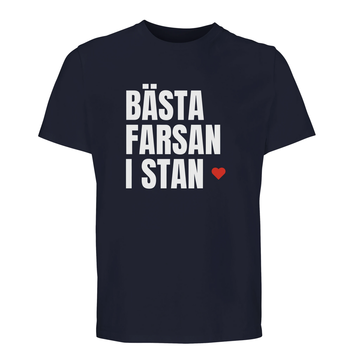 Marinblå t-shirt med trycket "Bästa farsan i stan" – fars dag-present från Göteborg