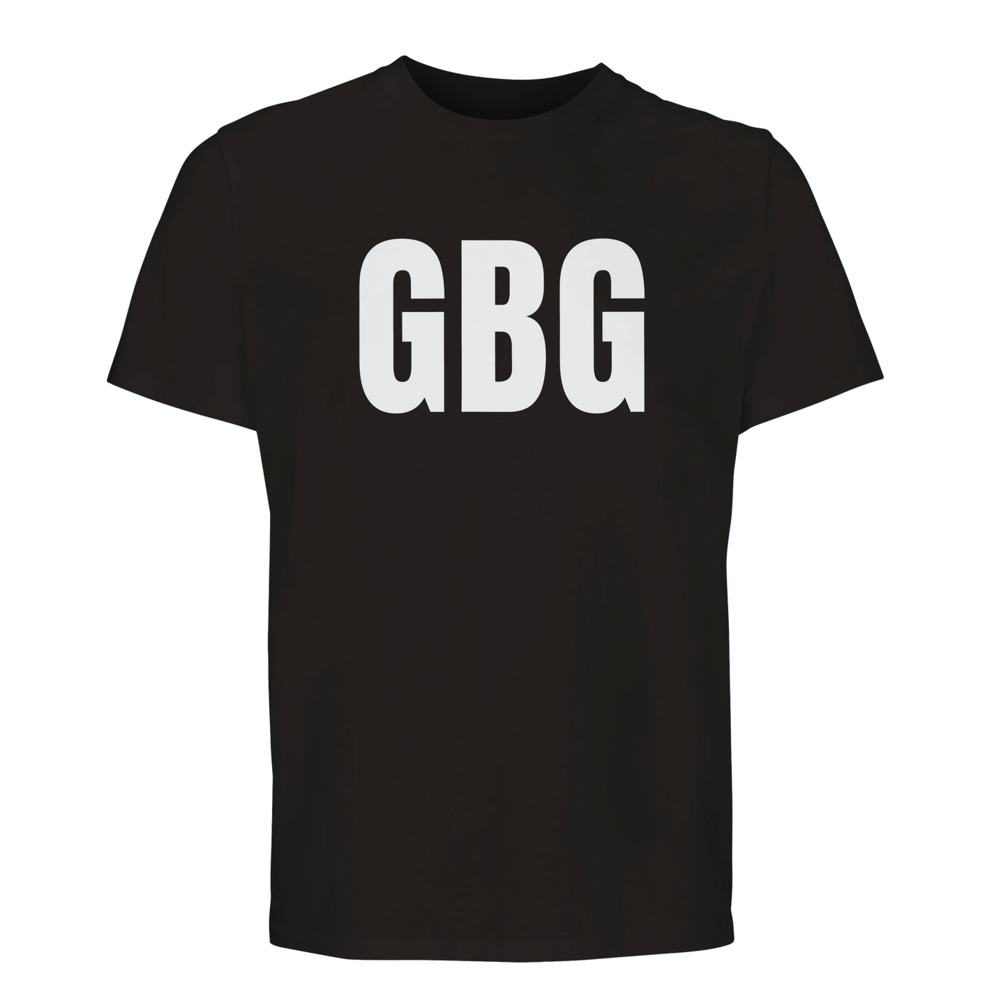Svart t-shirt med vitt 'GBG' tryck i Anton-stil. En stilren och hållbar baströja med lokal anknytning.