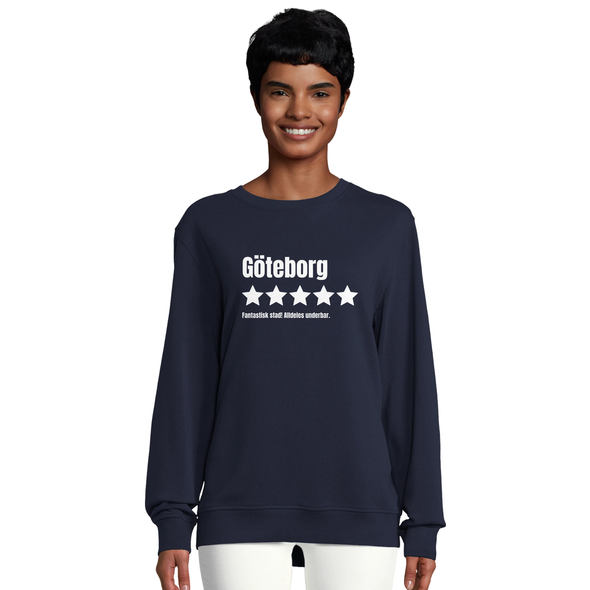 Dam i marinblå ekologisk sweatshirt med trycket "Göteborg – 5 stjärnor av 5, Fantastisk"