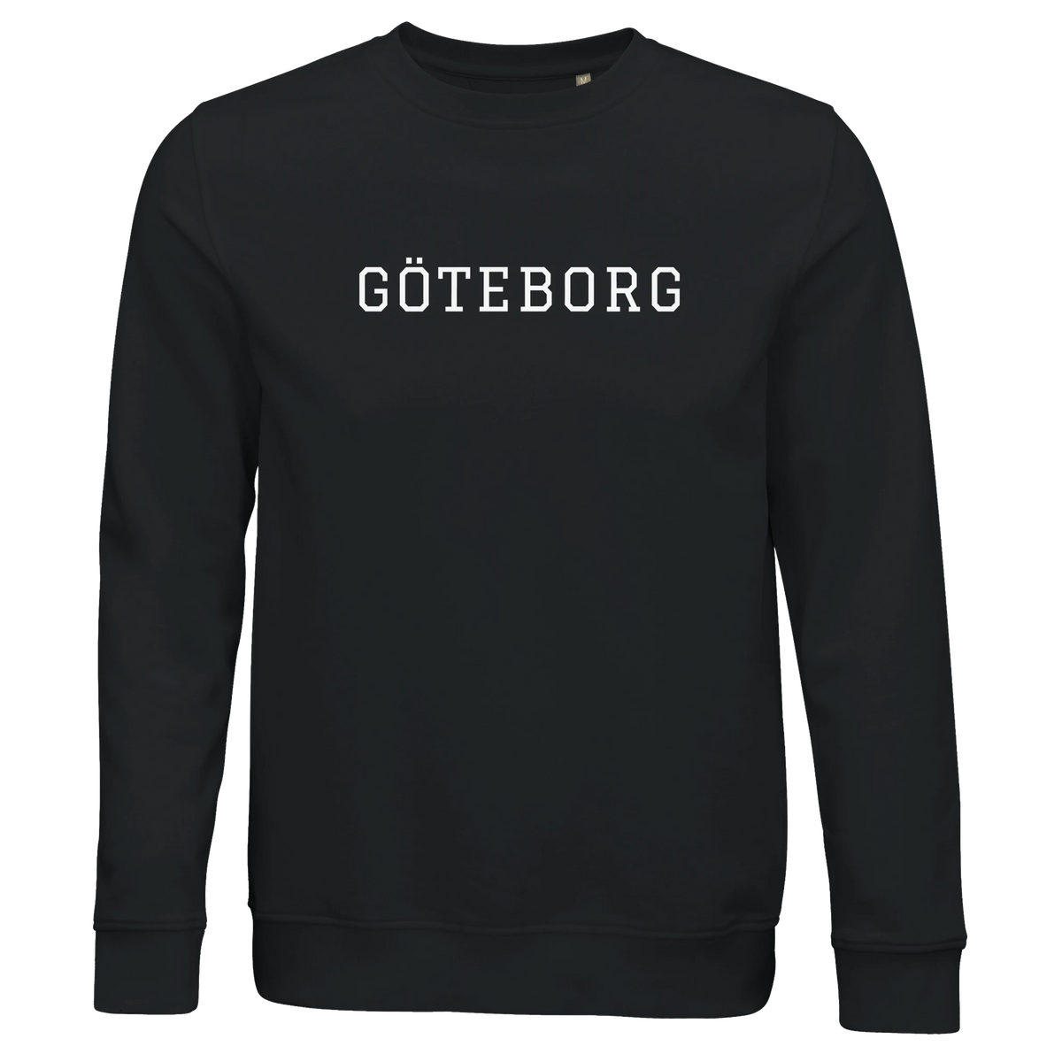 Svart sweatshirt med vitt tryck av staden Göteborg. En stilren och minimalistisk collegetröja i premiumkvalitet.