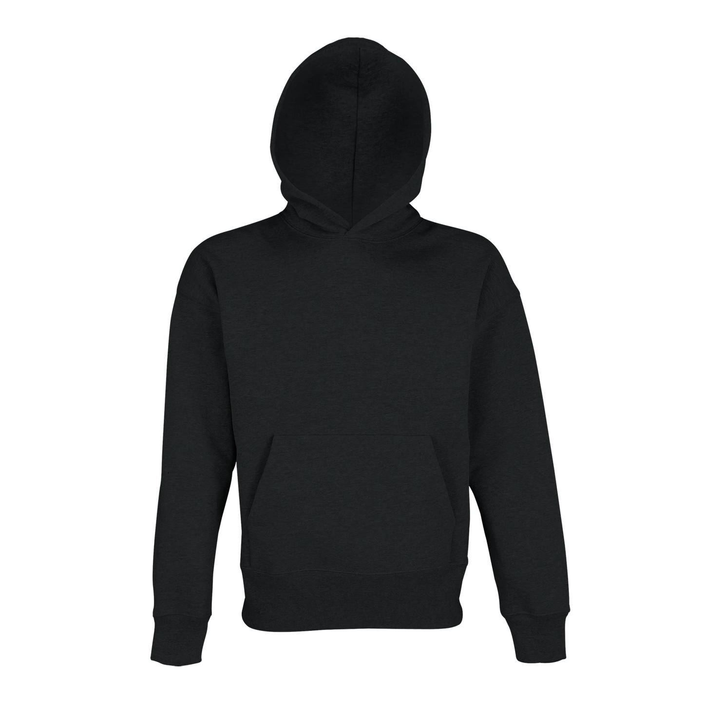 Svart oversized hoodie sedd framifrån med huvan uppe. Visar den generösa passformen och tygets kvalitet.