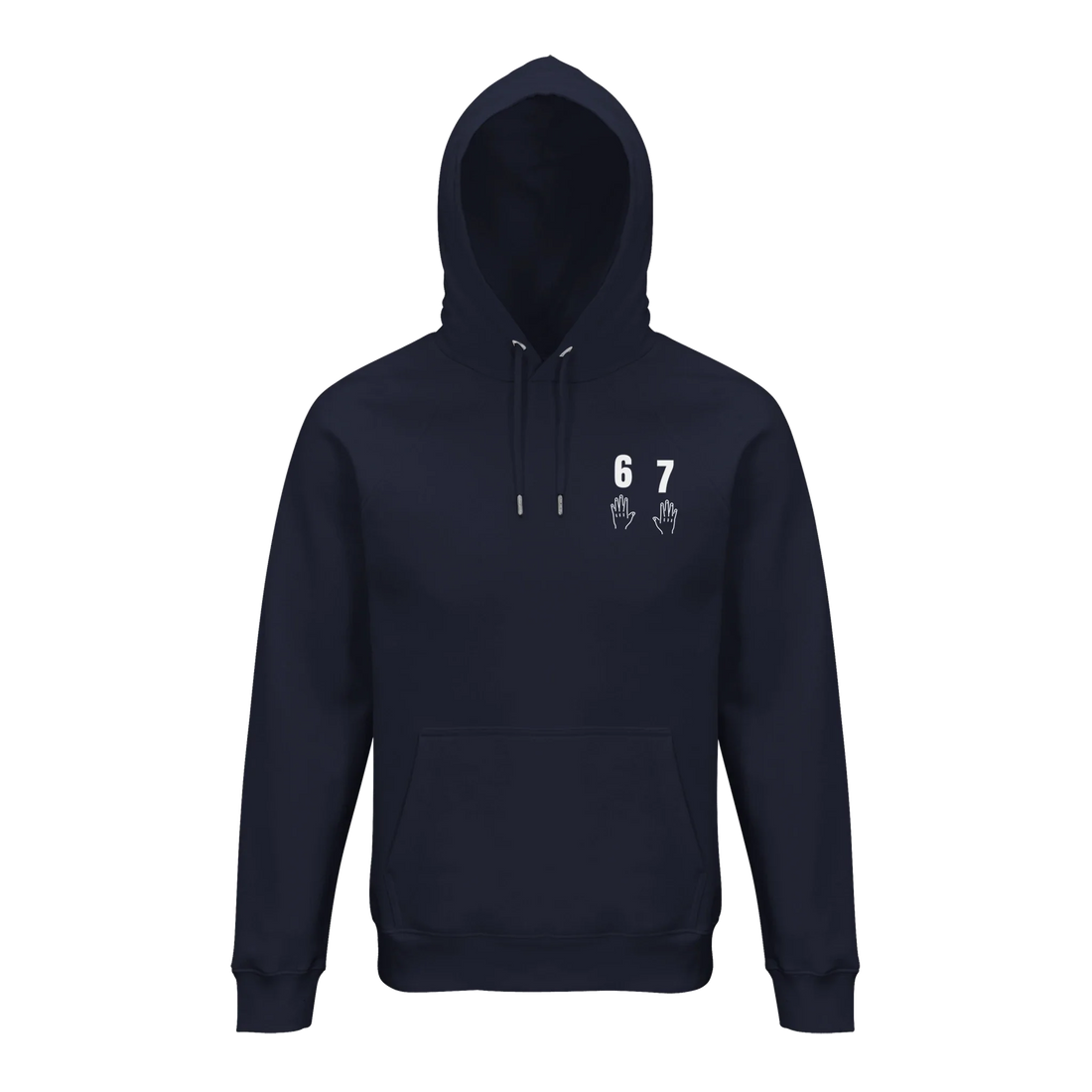 Marinblå 67 hoodie med tryck över vänstra bröstet