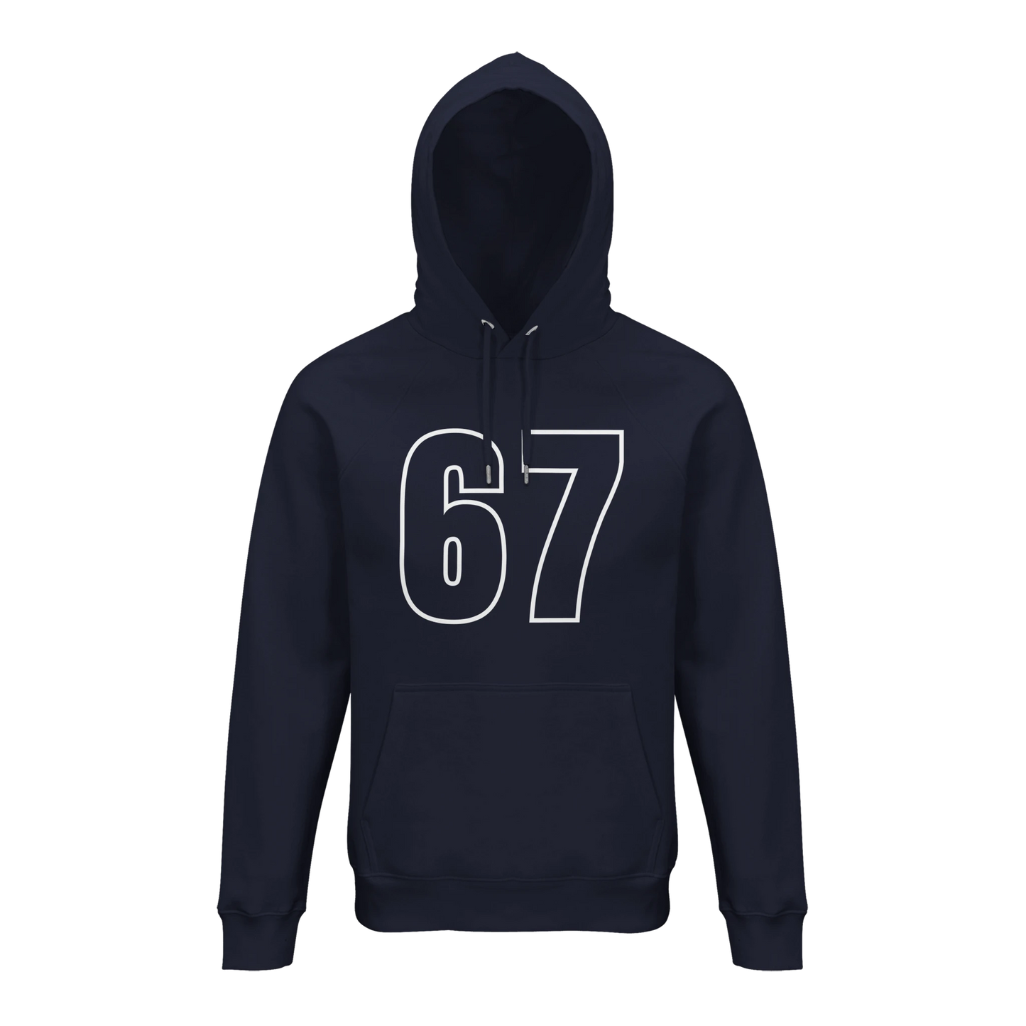 Marin luvtröja med texten 67 stort över bröstet.
