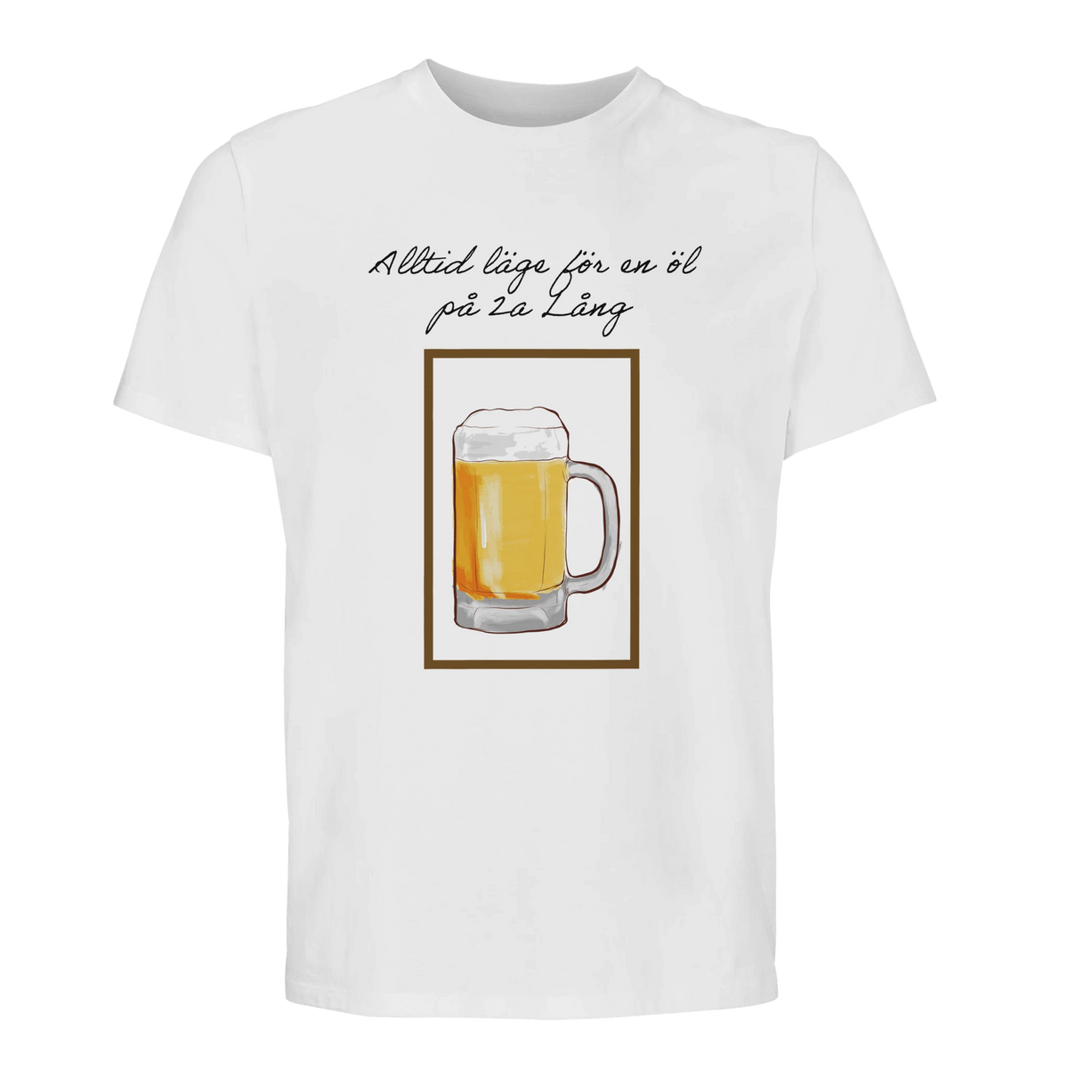 Vit Göteborg t-shirt med "Alltid läge för en öl på 2:a Lång" och ölsejdel över bröstet