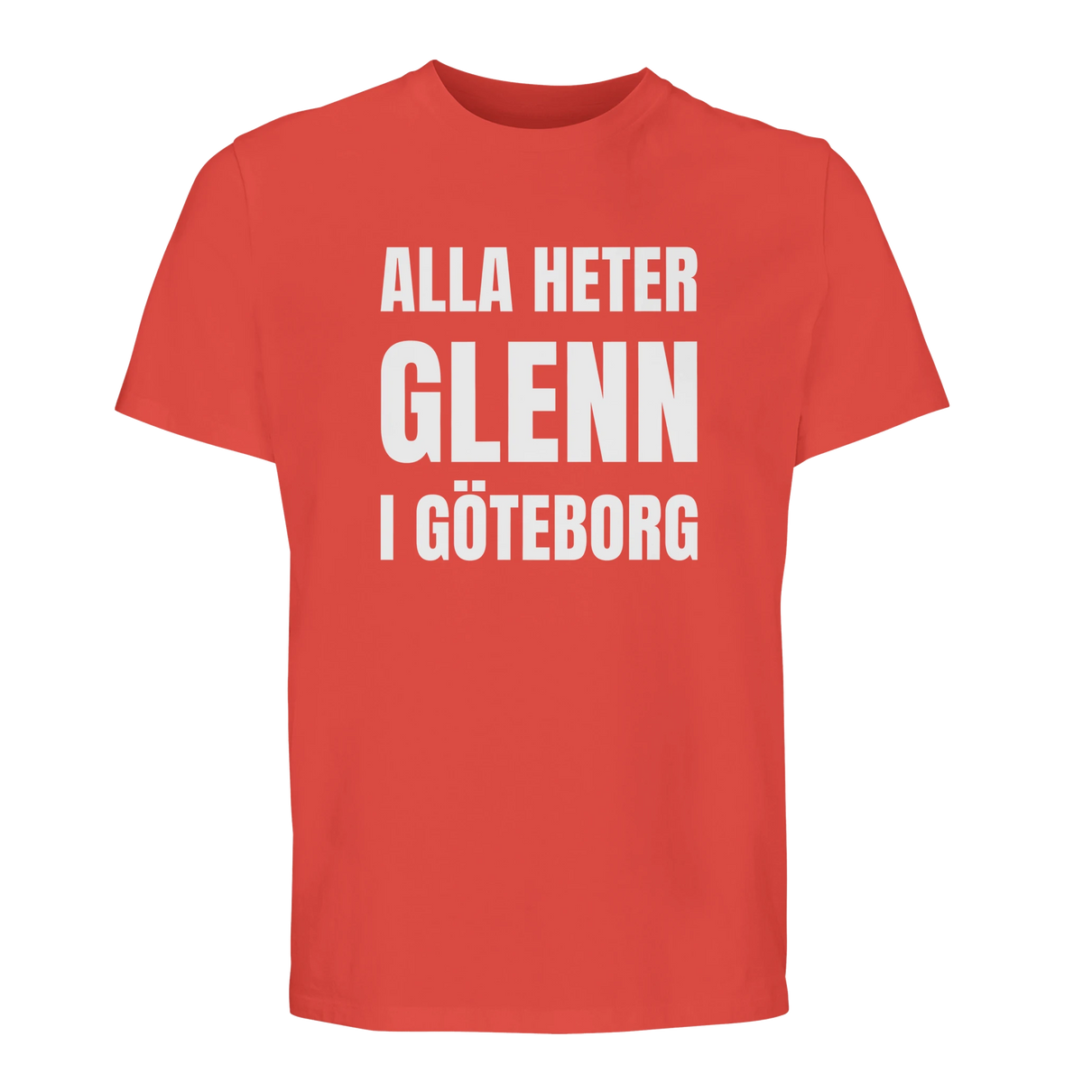 Pop orange Göteborg t-shirt med texten "Alla heter Glenn i Göteborg" över bröstet