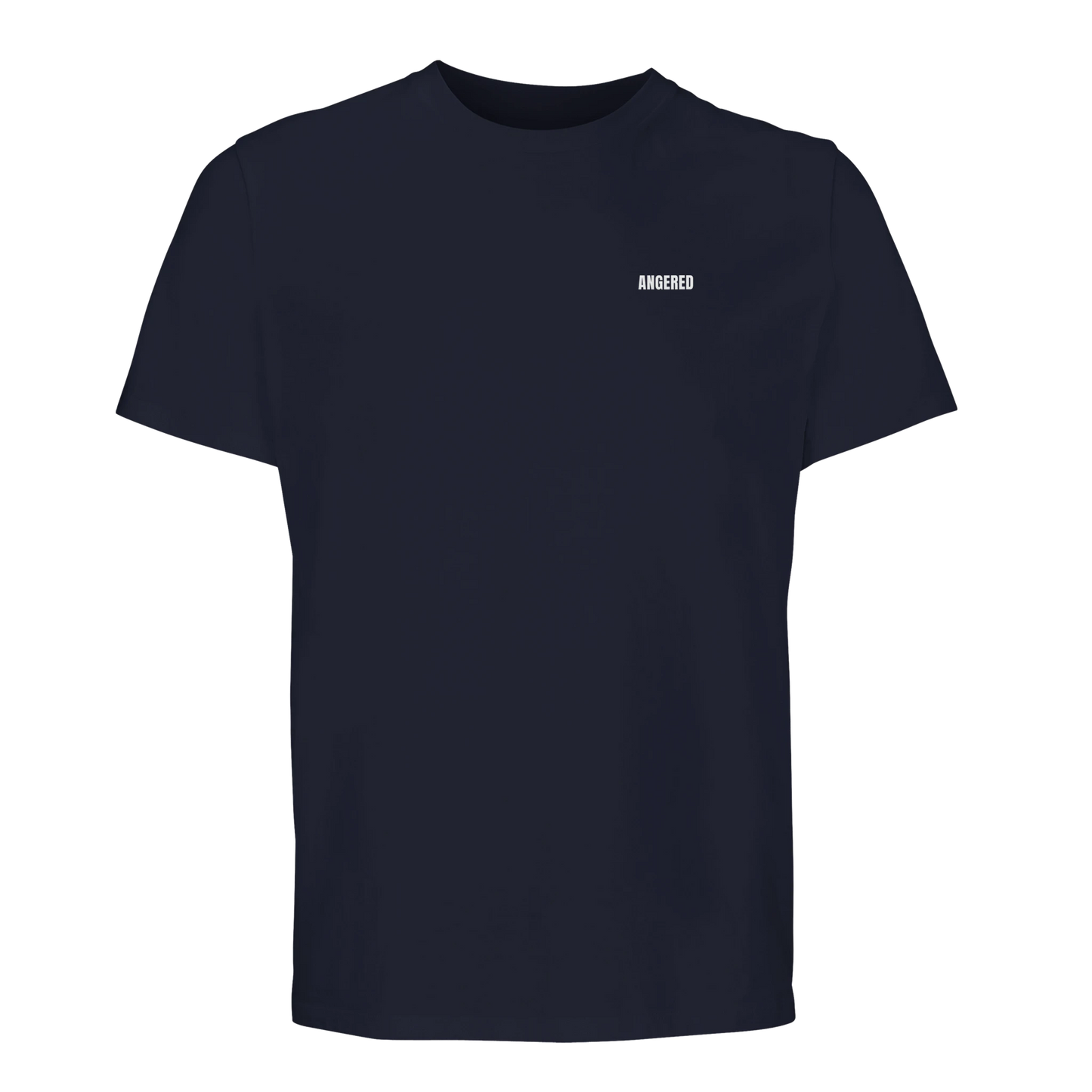 Marinblå premium T-shirt med "Angered" tryckt i vitt på bröstet. Stilren Göteborgs-tshirt för herr och dam.