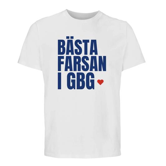 Vit t-shirt med trycket "Bästa farsan i GBG" – fars dag-present från Göteborg