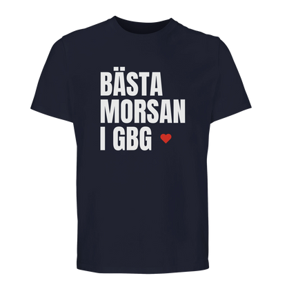 Marinblå t-shirt med vitt tryck 'BÄSTA MORSAN I GBG'. Stilren och bekväm modell för göteborgska morsor.