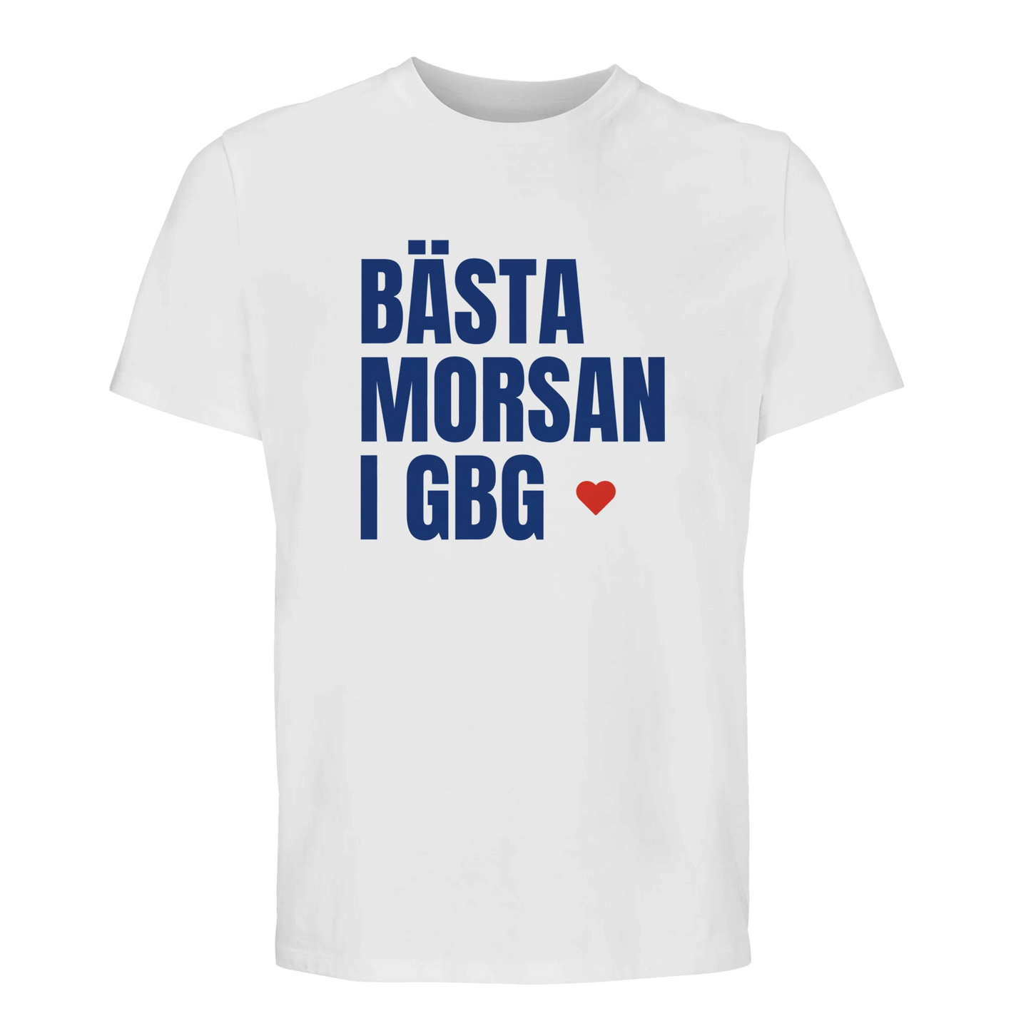 Vit premium t-shirt med blå text 'BÄSTA MORSAN I GBG' och ett rött hjärta. En lokal favorit för mammor i Göteborg.