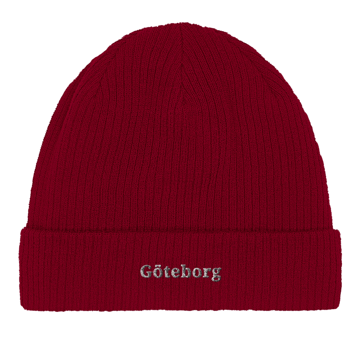 Röd beanie med ordet Göteborg, mjuk mössa i bomull från GBGMotiv