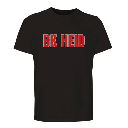 Svart premium t-shirt med 'BK HEID' tryckt i rött på bröstet. En officiell supporter-t-shirt för BK Heid handboll.