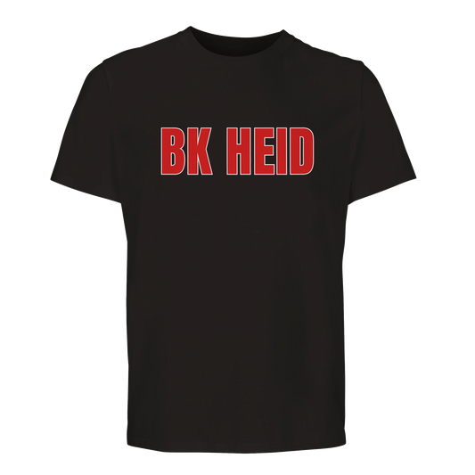 Svart premium t-shirt med 'BK HEID' tryckt i rött på bröstet. En officiell supporter-t-shirt för BK Heid handboll.
