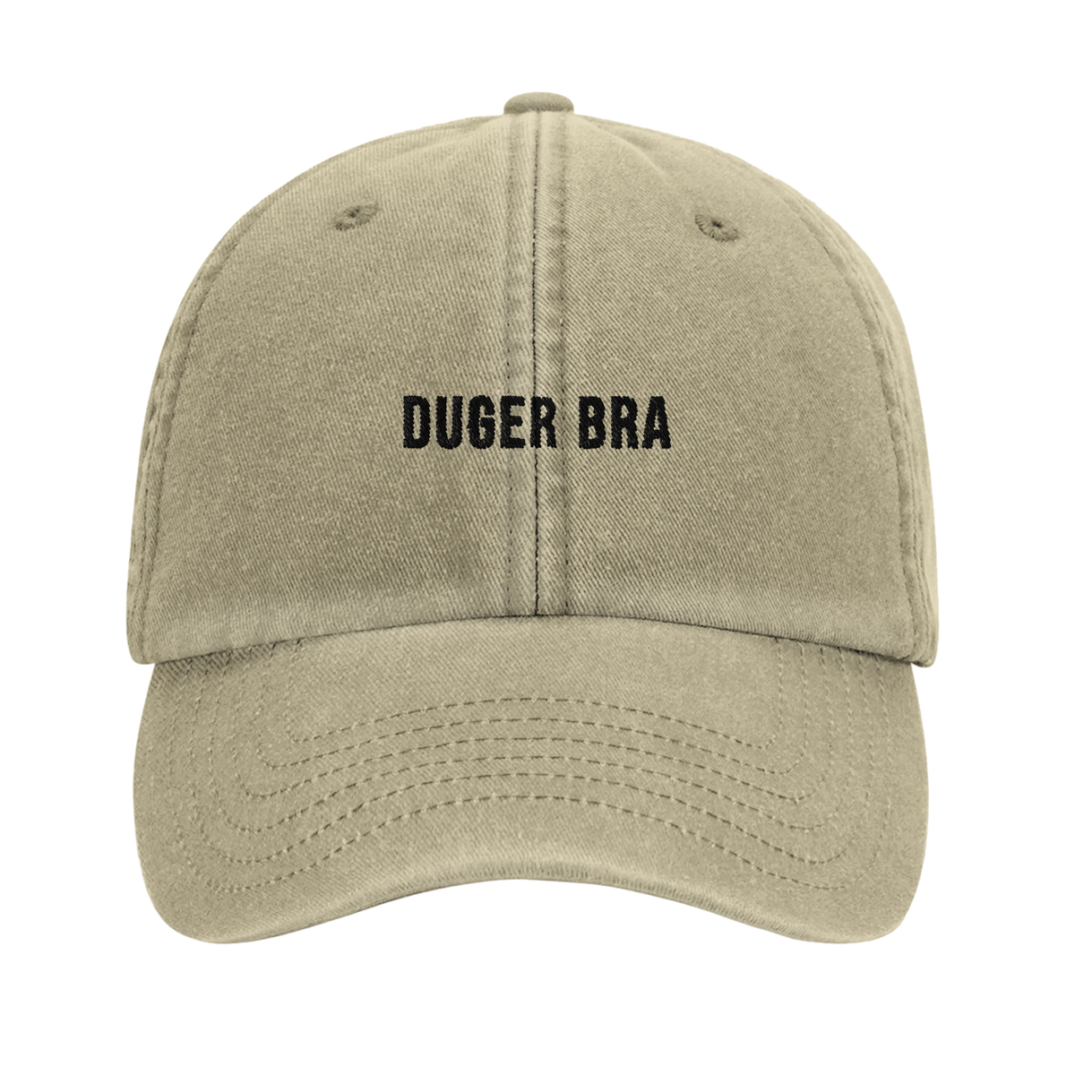 Beige keps med motivet "Duger bra" broderat i svart, vintagestil
