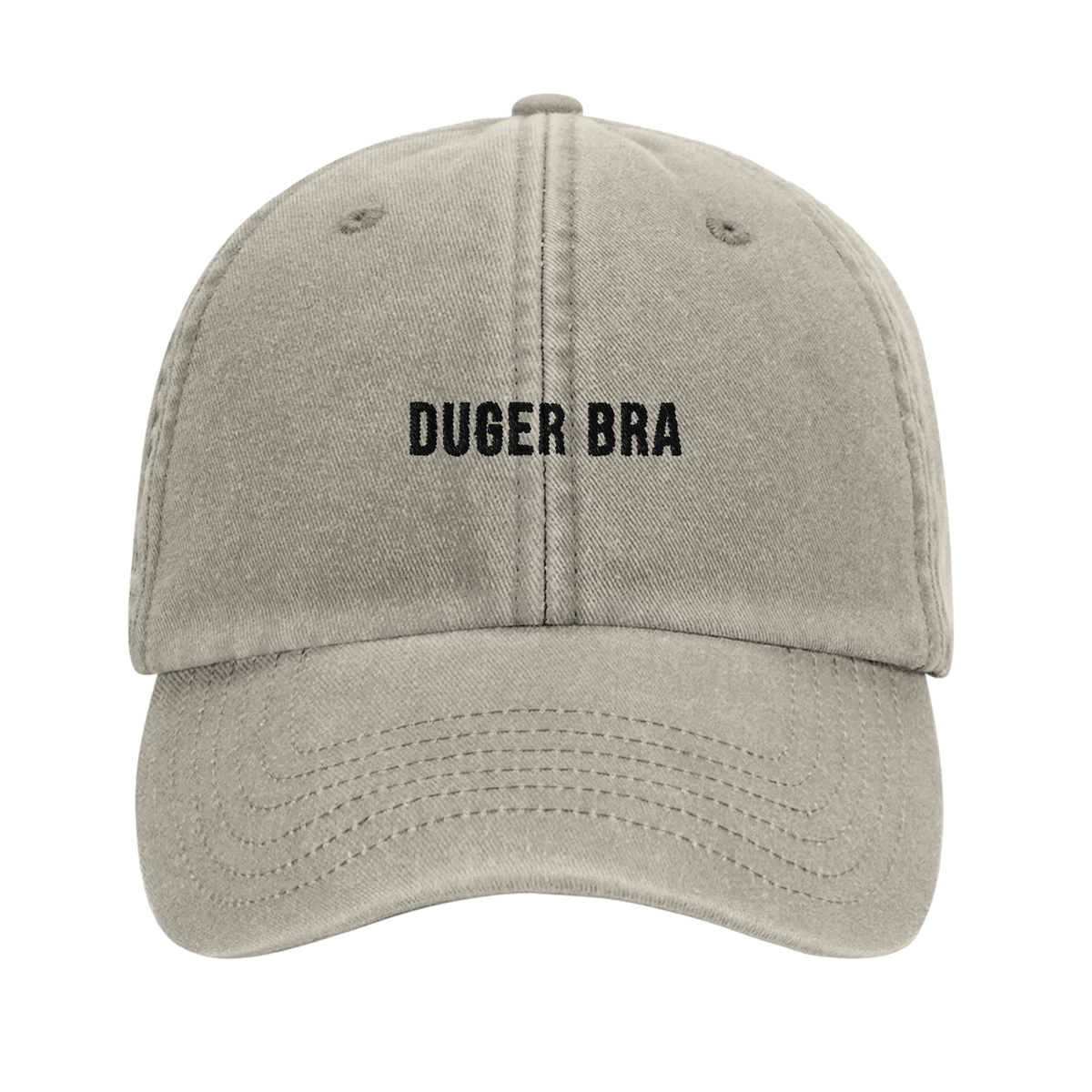 Stengrå vintage pappakeps med broderat "Duger bra" i svart tråd på framsidan