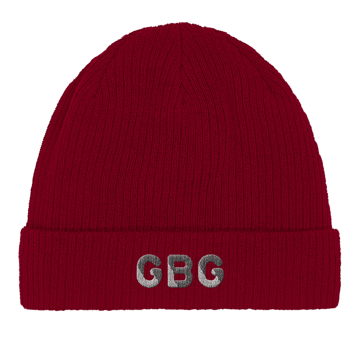 Burgundy stickad mössa med GBG-motiv – present till göteborgare