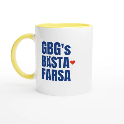 Gul: Mugg med gul insida och gult handtag, GBG’s Bästa Farsa tryckt på båda sidor