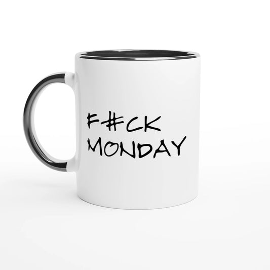 Vit keramikmugg med svart insida och svart öra, prydd med texten 'F#CK MONDAY'. En rolig kaffekopp för måndagsmorgonen på kontoret.