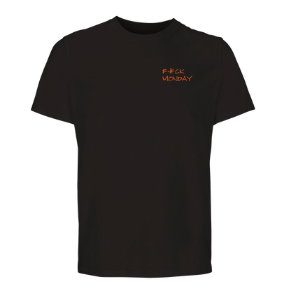 Svart premium t-shirt med ett litet orange 'F#CK MONDAY' tryck på bröstet. En rolig tröja med kontorshumor tillverkad i mjuk ekologisk bomull.