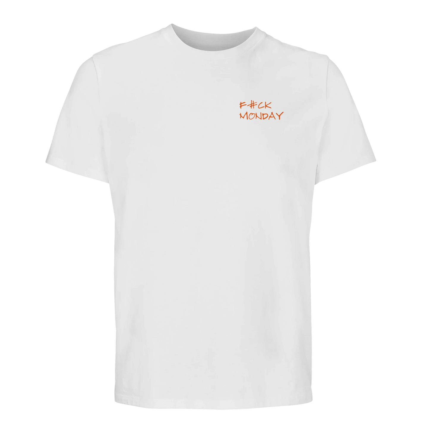 Vit t-shirt i ekologisk bomull med diskret orange texttryck 'F#CK MONDAY'. Perfekt som en humoristisk present till en vän eller kollega.
