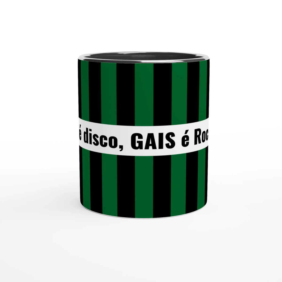 Svart GAIS mugg med texten Blåvitt é disco, GAIS é Rock'n'Roll