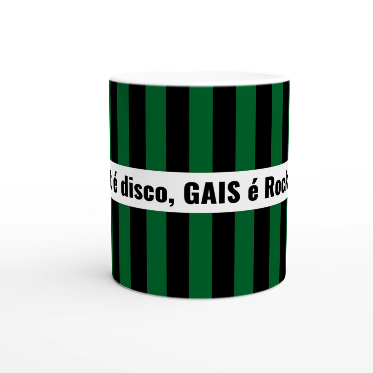 Vit GAIS mugg med texten Blåvitt é disco, GAIS é Rock'n'Roll