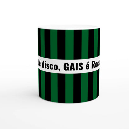 Vit GAIS mugg med texten Blåvitt é disco, GAIS é Rock'n'Roll