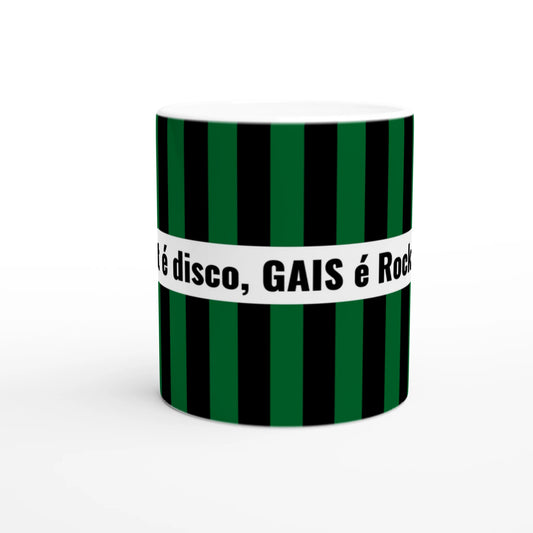 Vit GAIS mugg med texten Blåvitt é disco, GAIS é Rock'n'Roll