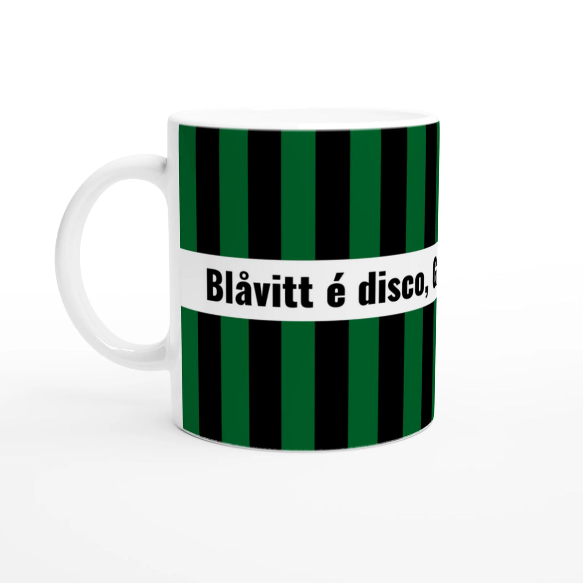 Randig grön och svart GAIS-mugg med vit insida och öra