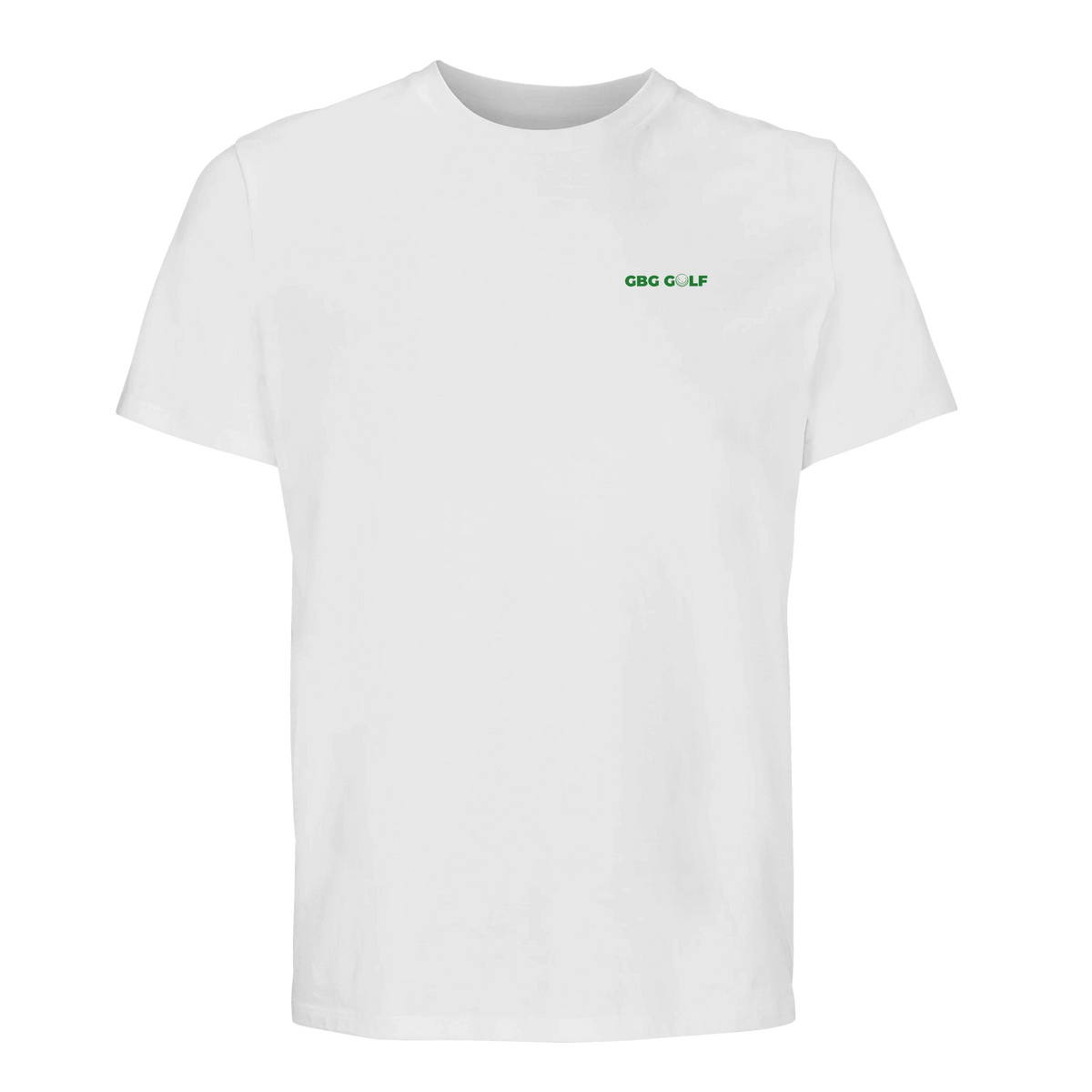 Vit Göteborg golf t-shirt med grönt "GBG GOLF"-tryck, O:et format som golfboll, vänster bröst