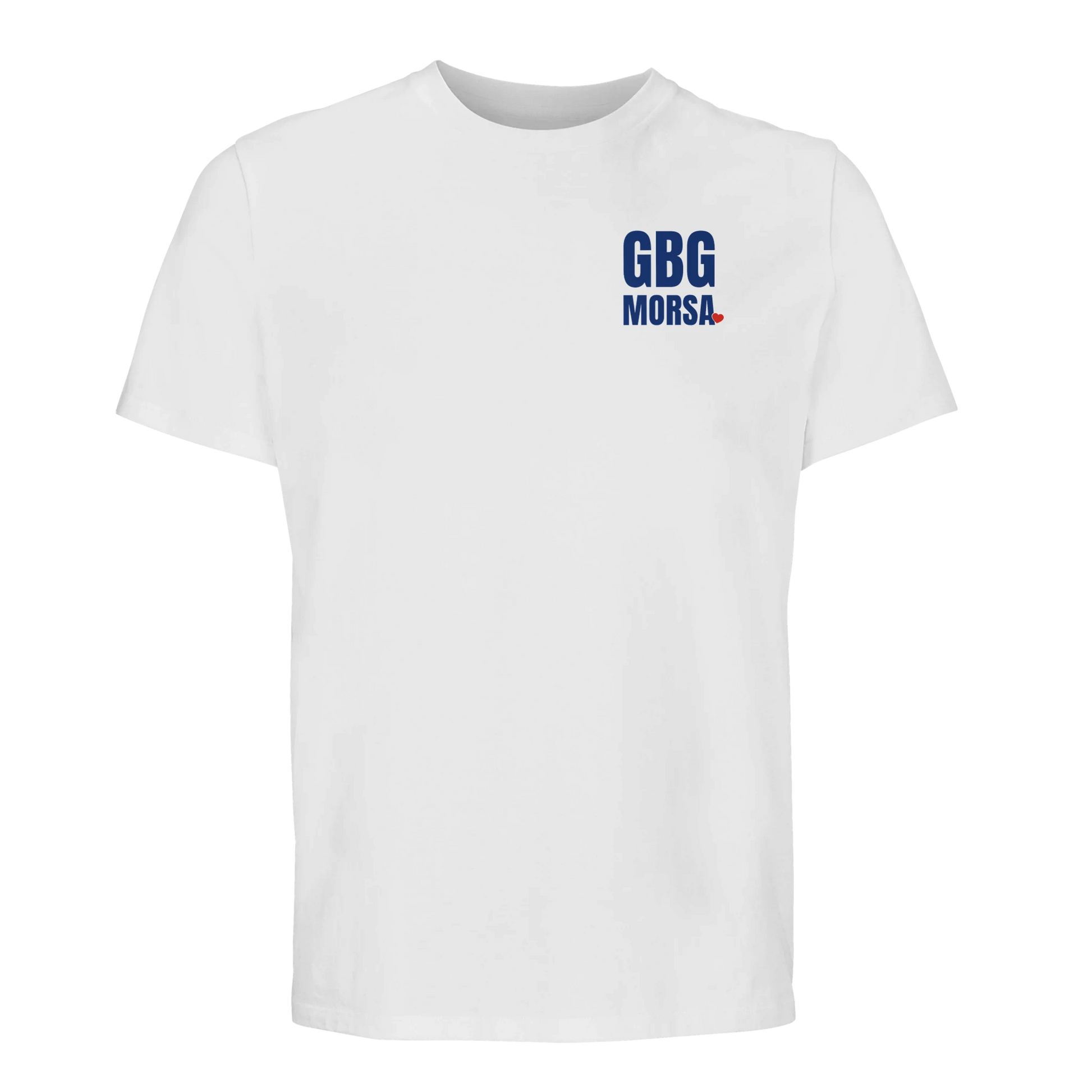 Vit premium t-shirt med blått brösttryck 'GBG MORSA'. En stilren hyllning till göteborgska mammor.