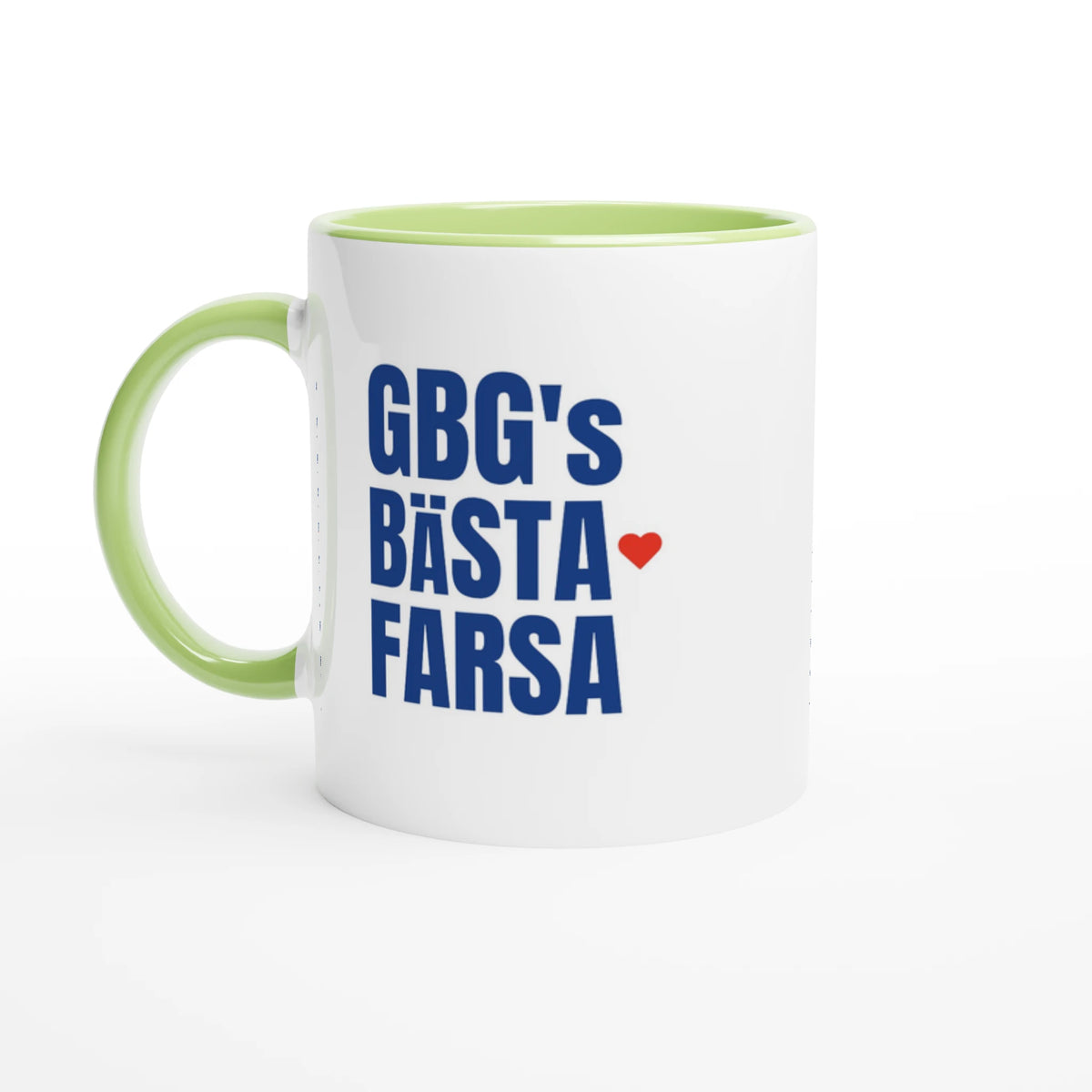 Grön: Grön GBG-mugg med motivet GBG’s Bästa Farsa, tryckt på båda sidor