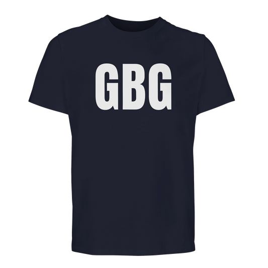 Marinblå premium t-shirt med stort vitt 'GBG' tryck på bröstet. En klassisk t-shirt för alla som älskar Göteborg.