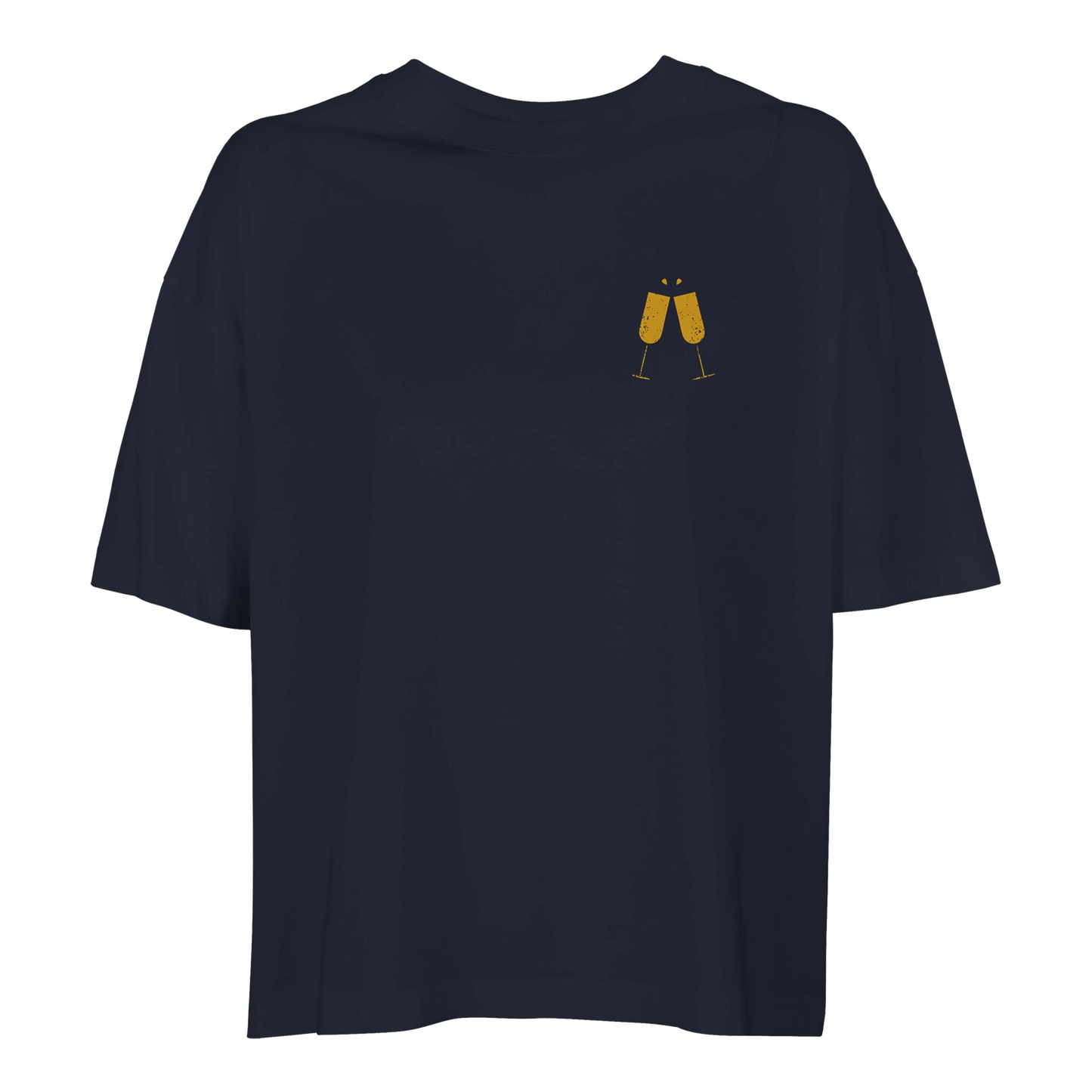 Marinblå oversized dam-t-shirt i ekologisk bomull med guldtryck av champagneglas på bröstet.