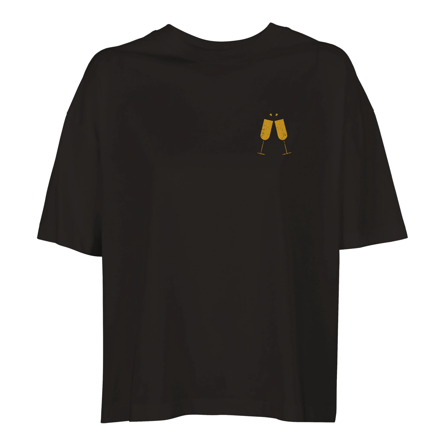Svart boxy t-shirt för dam med minimalistiskt motiv av två skålande champagneglas i guld.
