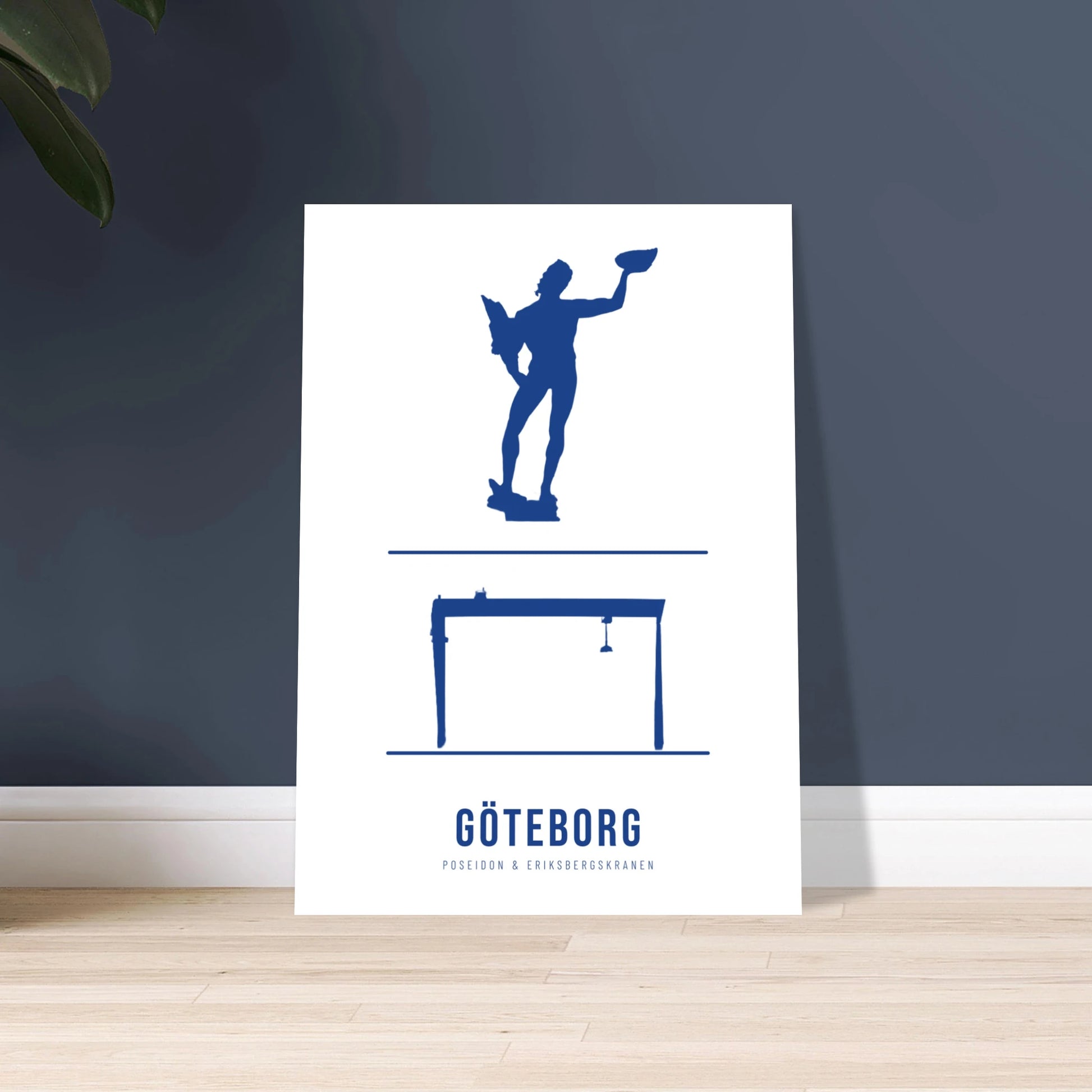 Minimalistisk blå vit poster med siluetter av Poseidon och Eriksbergskranen.