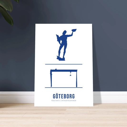 Minimalistisk blå vit poster med siluetter av Poseidon och Eriksbergskranen.