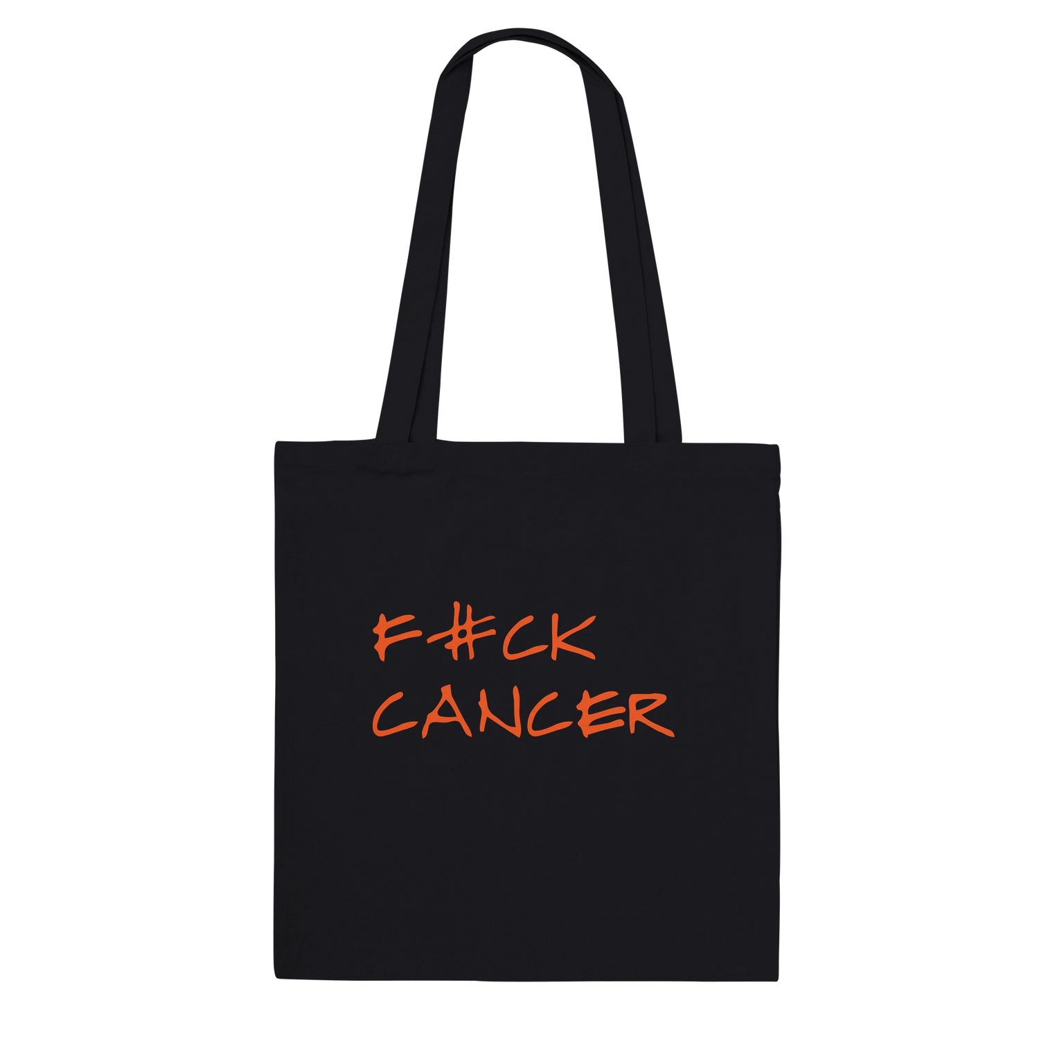 Svart tygkasse i kraftig bomull med orange text F#CK CANCER.