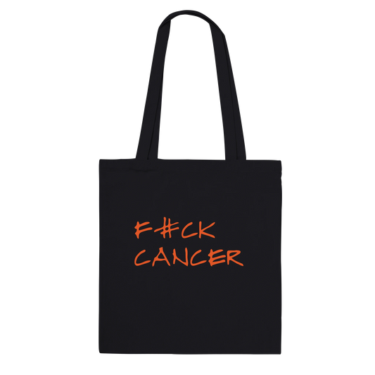 Svart tygkasse i kraftig bomull med orange text F#CK CANCER.