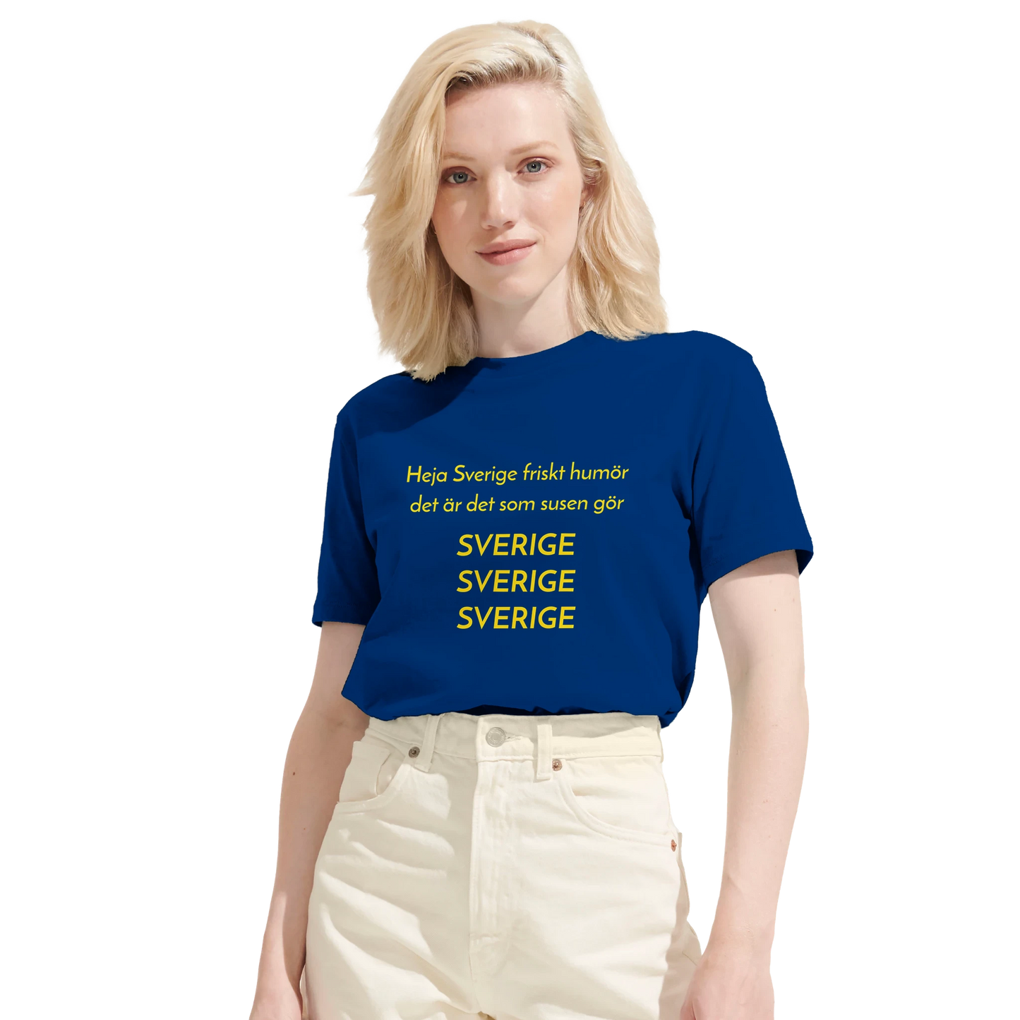Svensk supporter-t-shirt med klassisk hejaramsa i bomull.