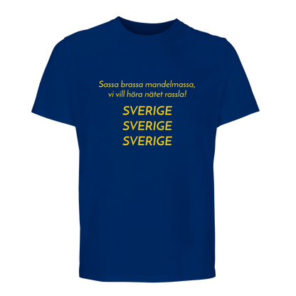 Blå VM-tröja med klassisk svensk hejaramsa i bomull.