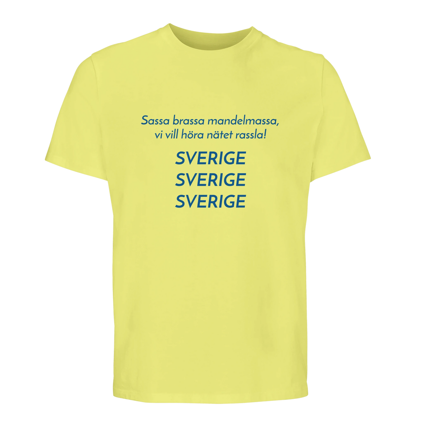 Ljusgul t-shirt med blå text Sassa brassa mandelmassa Sverige.