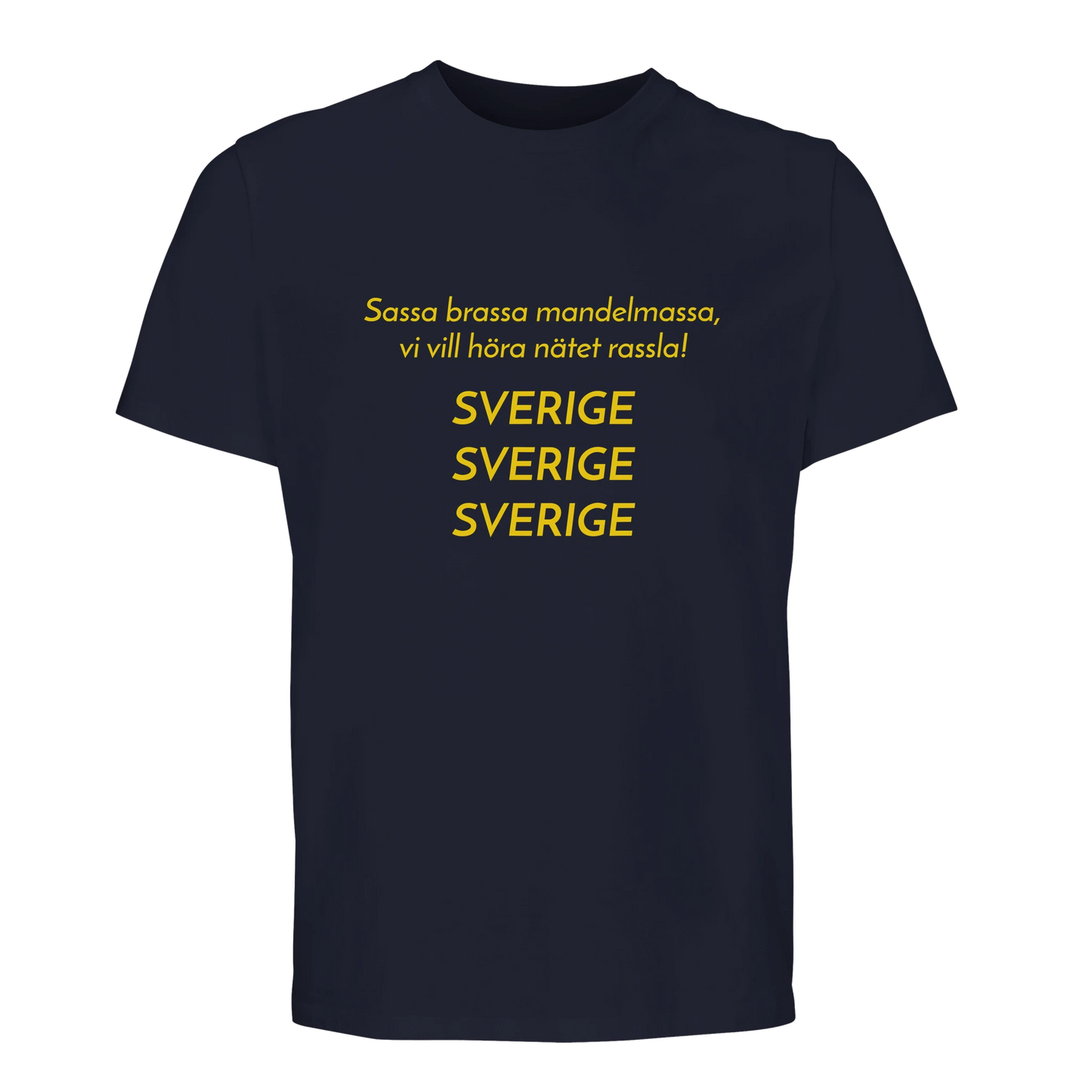 Marinblå t-shirt med gul text Sassa brassa mandelmassa Sverige.