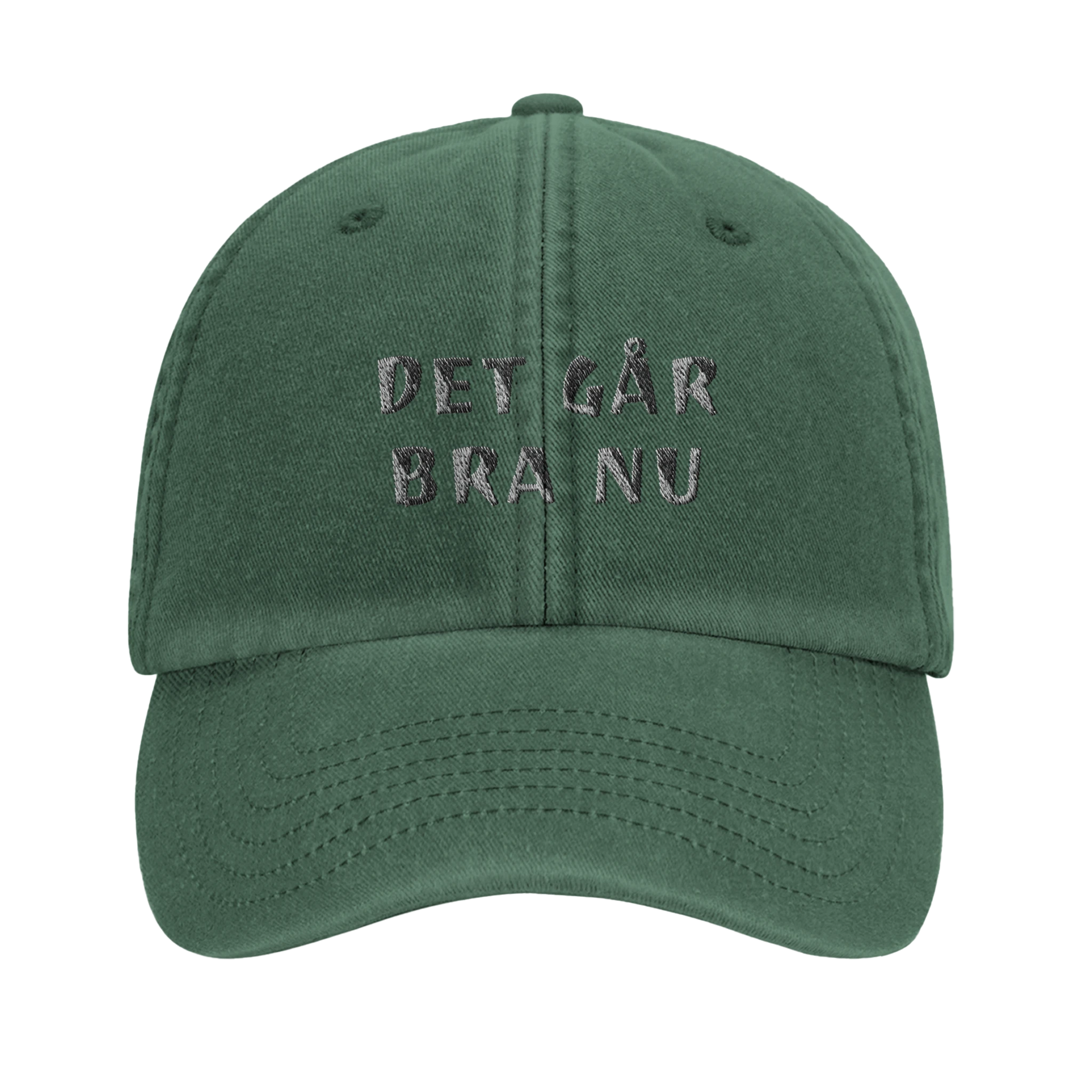 Mörkgrön vintage keps med broderad text DET GÅR BRA NU.