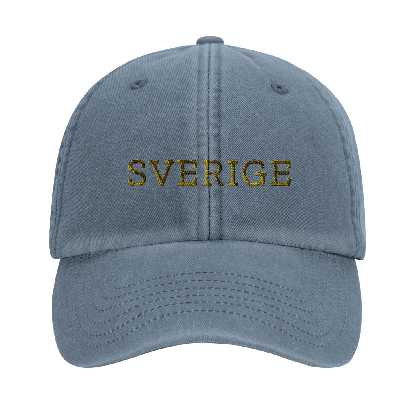 Ljusblå vintage keps med gult broderad text SVERIGE.
