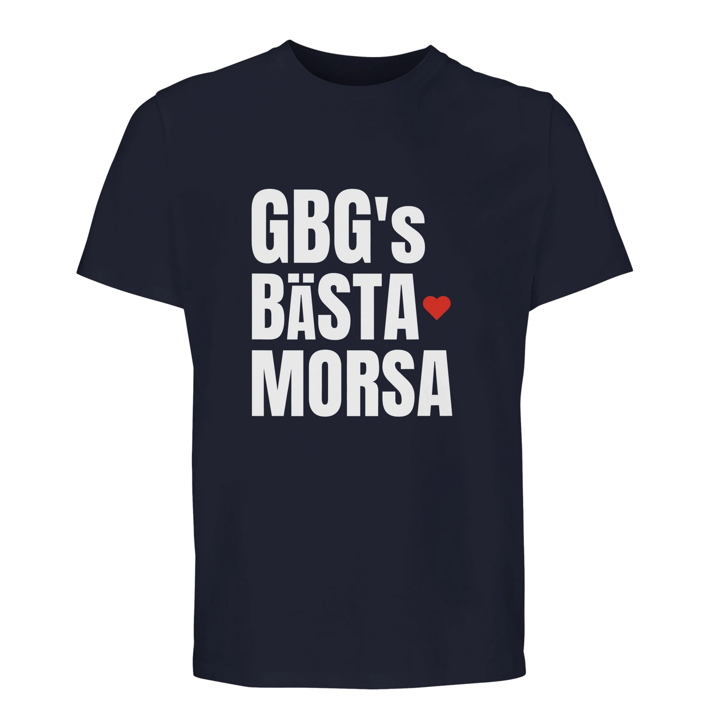 Marinblå t-shirt med vitt tryck 'GBG's BÄSTA MORSA'. Kvalitativ och mjuk bomullströja för mammor i Göteborg.