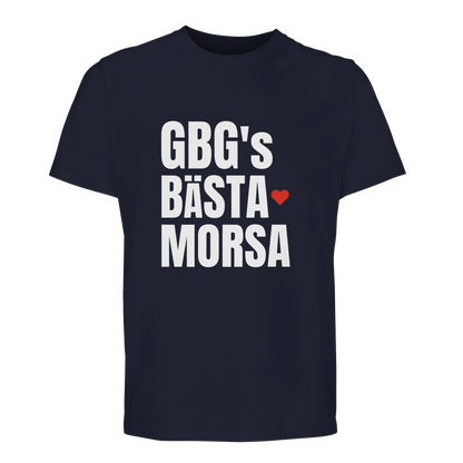 Marinblå t-shirt med vitt tryck 'GBG's BÄSTA MORSA'. Kvalitativ och mjuk bomullströja för mammor i Göteborg.