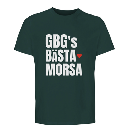 Mörkgrön premium t-shirt med trycket 'GBG's BÄSTA MORSA'. Stilren och hållbar t-shirt med budskap.