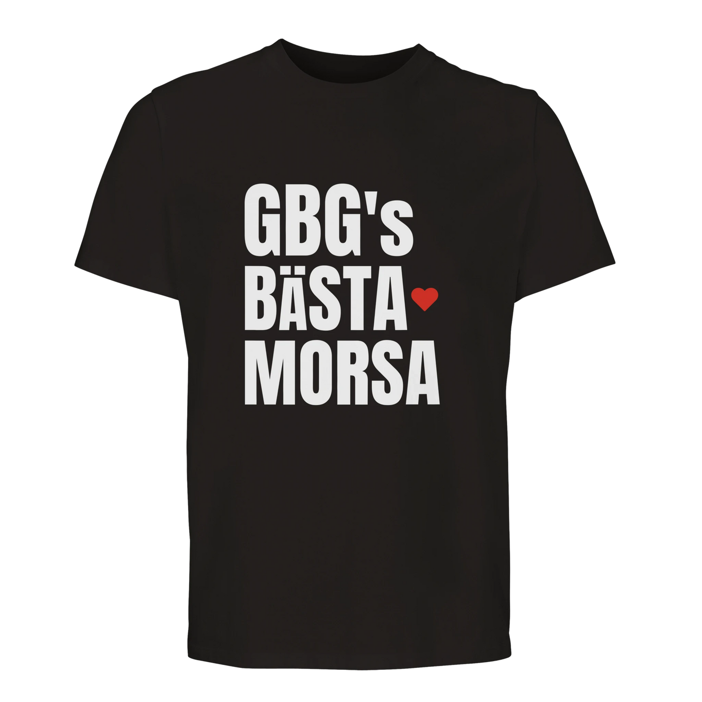 Svart t-shirt med vitt tryck 'GBG's BÄSTA MORSA'. En populär presentartikel från Göteborg.