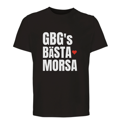 Svart t-shirt med vitt tryck 'GBG's BÄSTA MORSA'. En populär presentartikel från Göteborg.