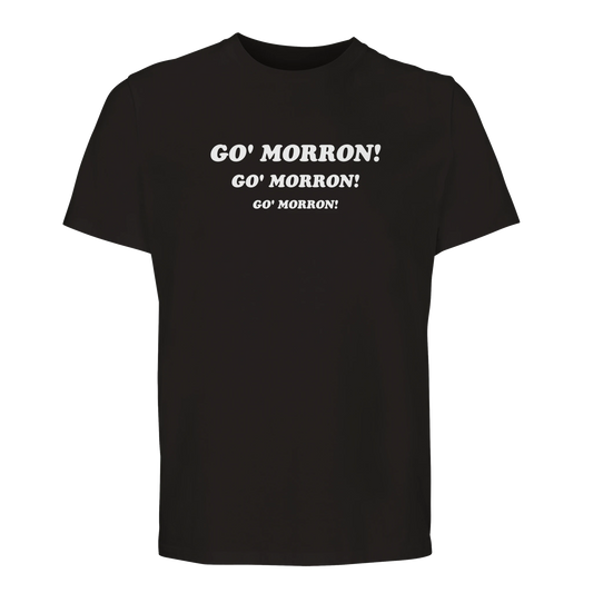 Svart Göteborgströja med Nilecity-citatet "Go'morron!" upprepat tre gånger